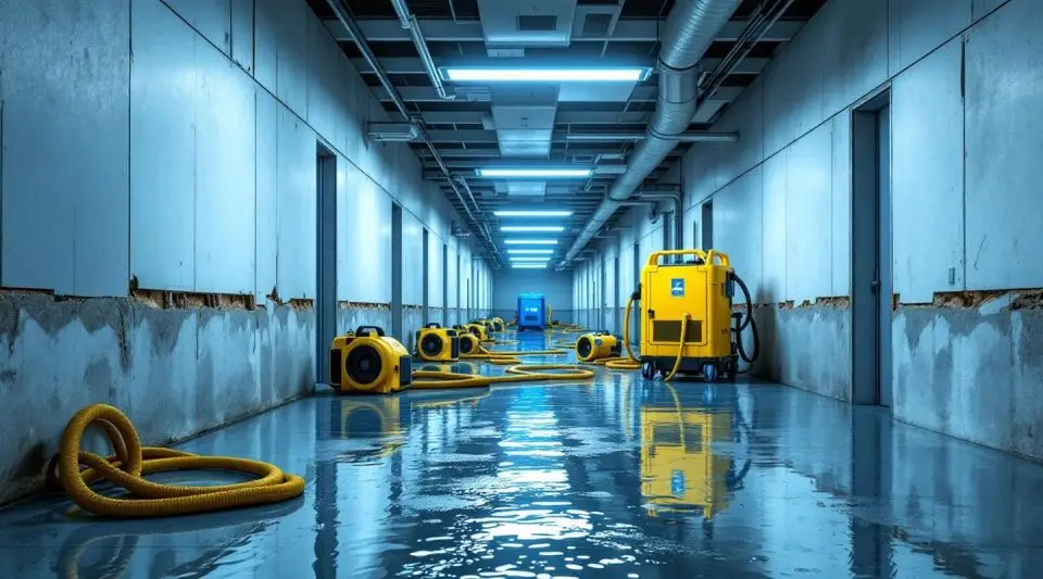 Restoration technicians using industrial dehumidifiers and moisture mapping tools in an Augusta commercial facility.