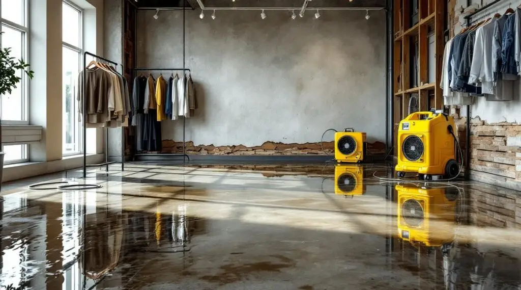 Professional restoration crew using industrial water extractors inside a flooded Evans retail clothing store with clothing racks in the background.