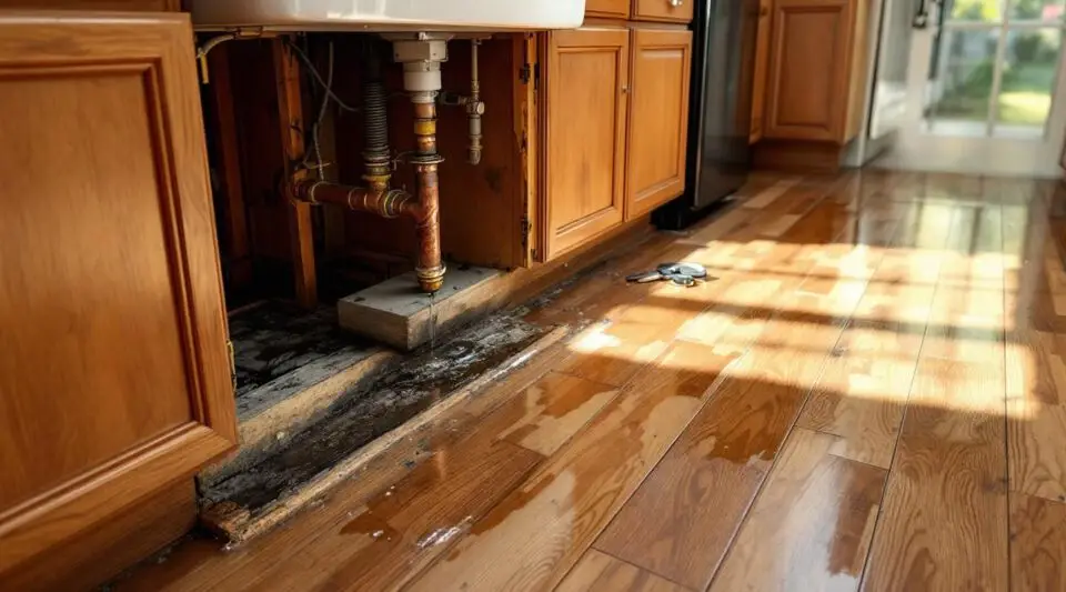 Restoration technician using a moisture meter behind a kitchen island in an Augusta home to detect hidden moisture.