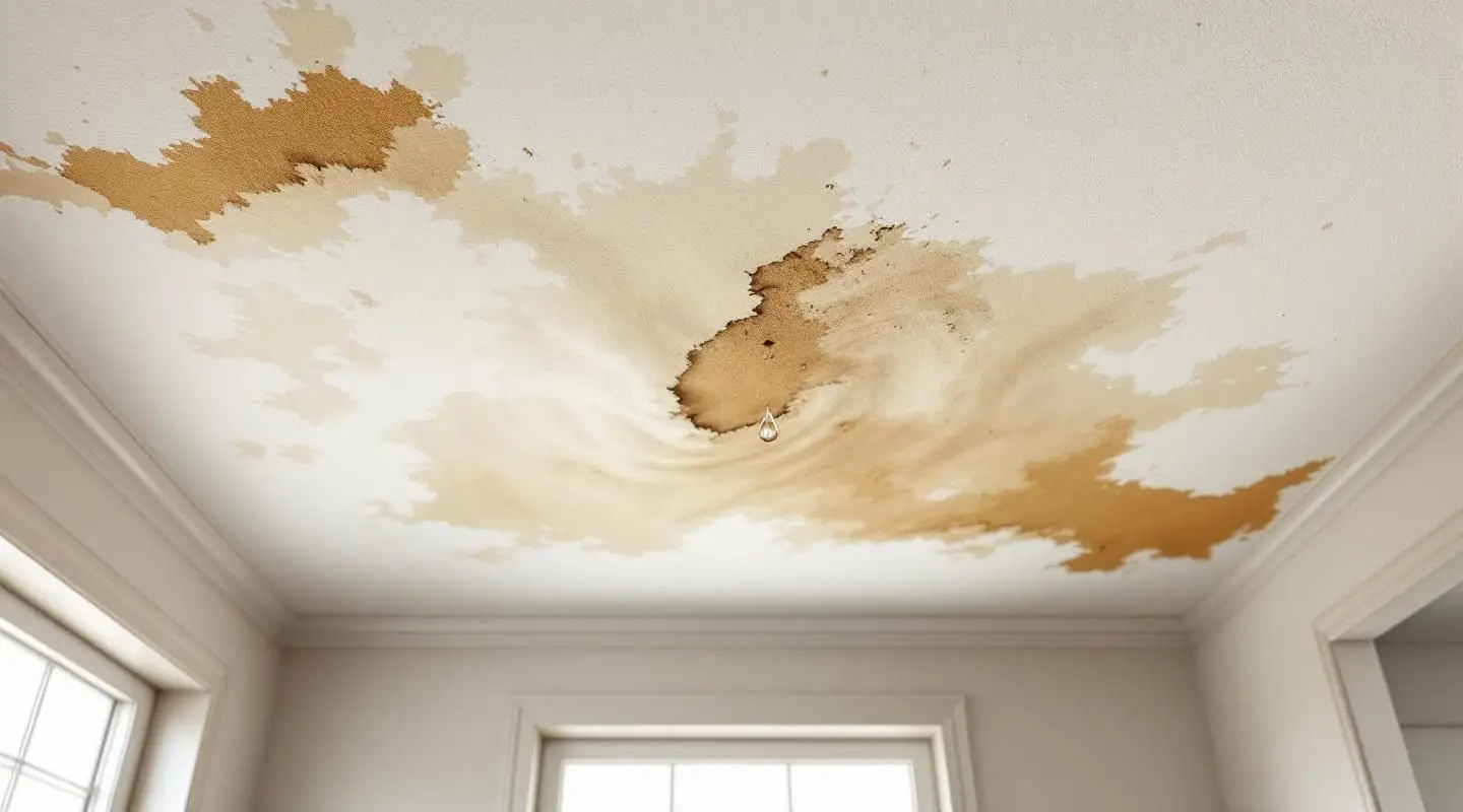 A professional restoration technician in Augusta using a moisture meter on a water-stained residential ceiling.