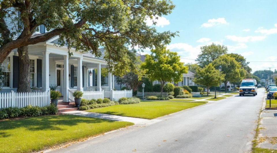 A residential street in Blythe, GA featuring classic brick ranch homes and large oak trees after a heavy Richmond County rainstorm.