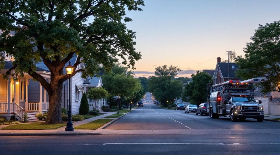 A professional restoration vehicle parked near a historic brick home in Augusta's Summerville neighborhood at dusk.