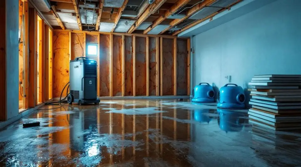 Professional restoration equipment drying a flooded hardwood floor in an Augusta home with a technician in the background.