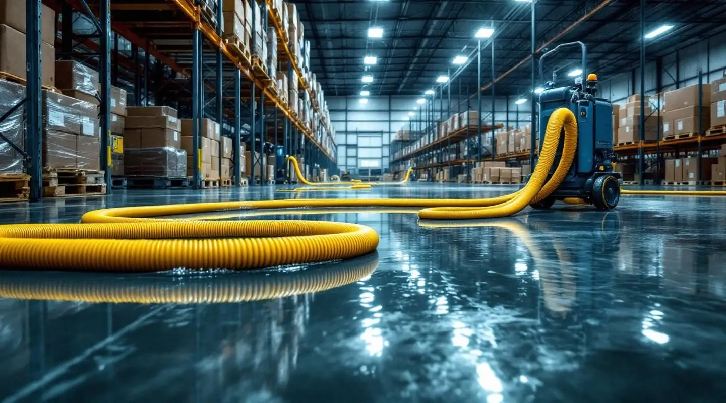 Professional water restoration crew using high-capacity extraction pumps in a large Augusta industrial warehouse.