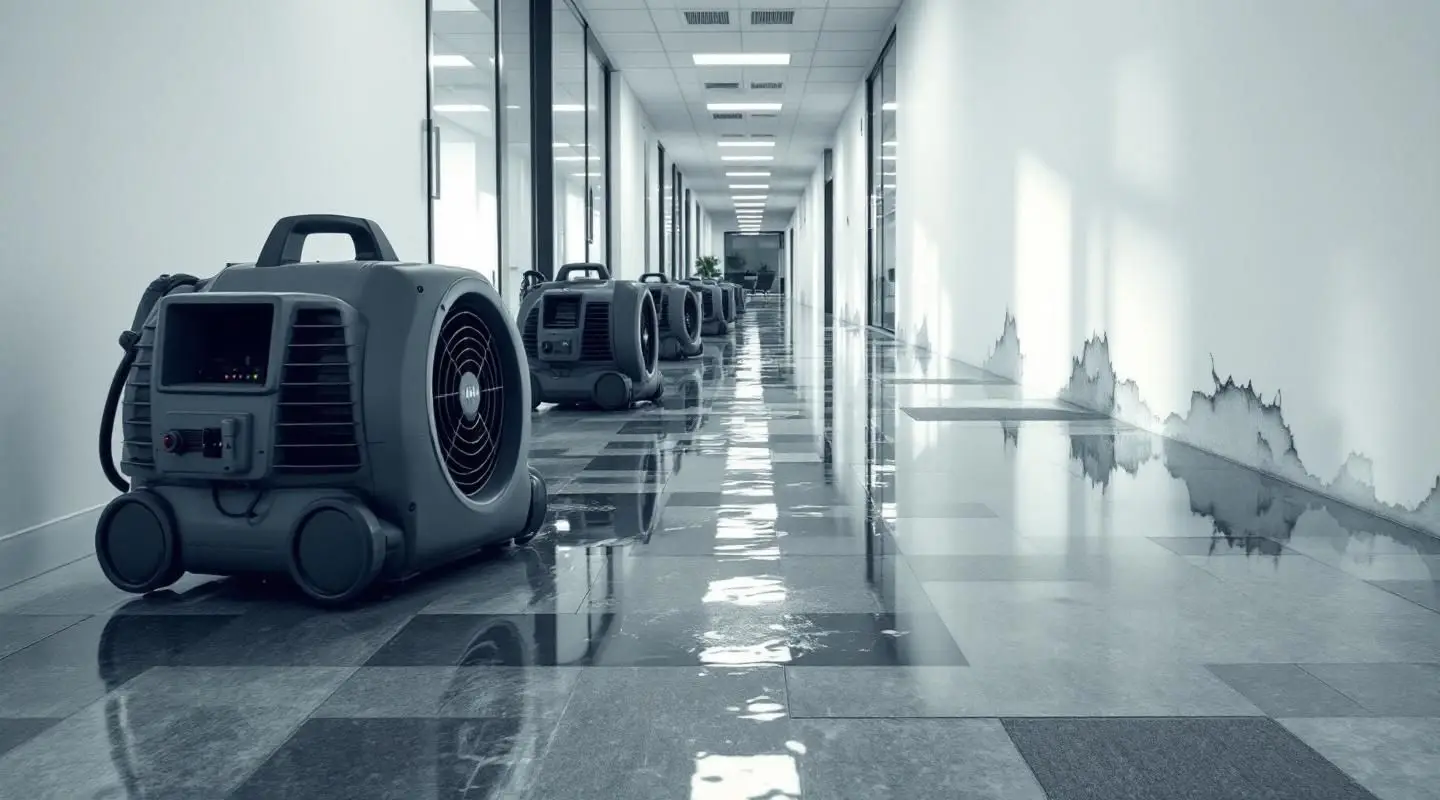 Professional restoration crew using industrial air movers in a flooded Augusta office lobby, focused on structural drying.