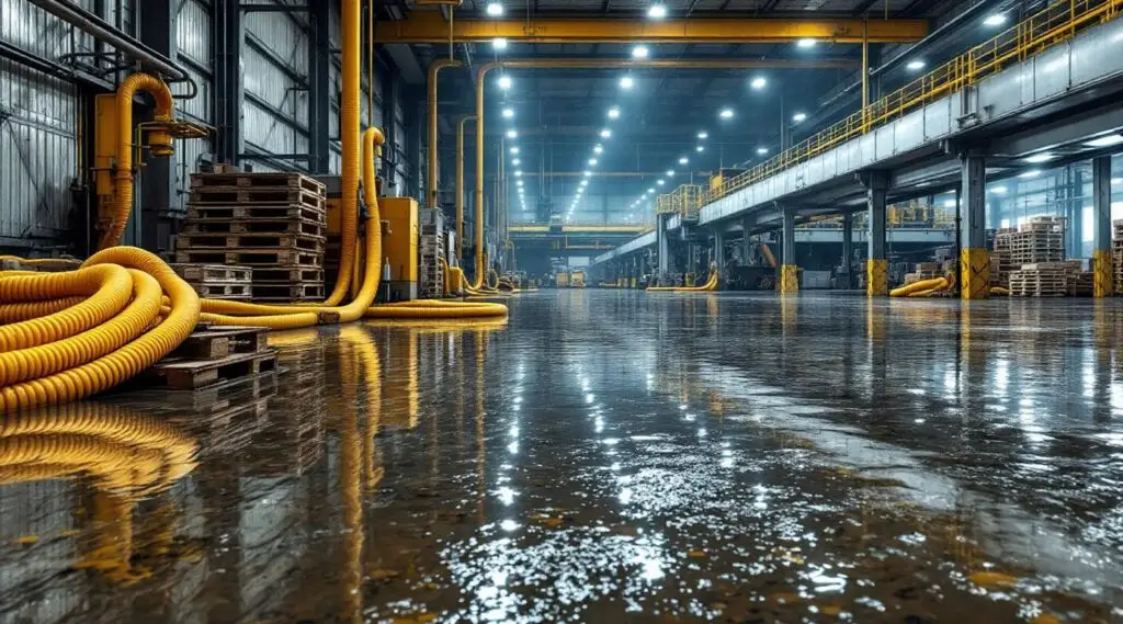 Professional restoration crew using heavy-duty water extractors on a flooded warehouse floor in Evans.