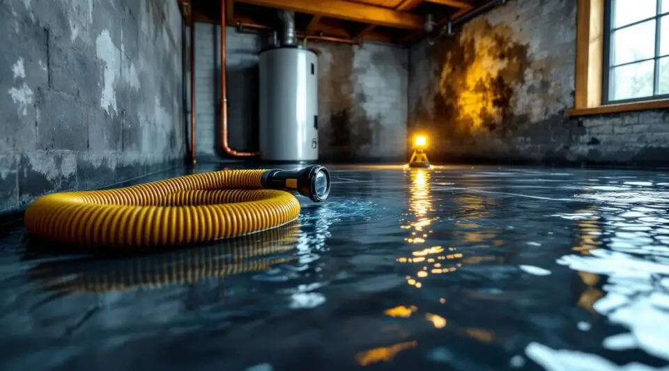 Professional standing water extraction in an Augusta home using high-powered pumps and cinematic lighting.