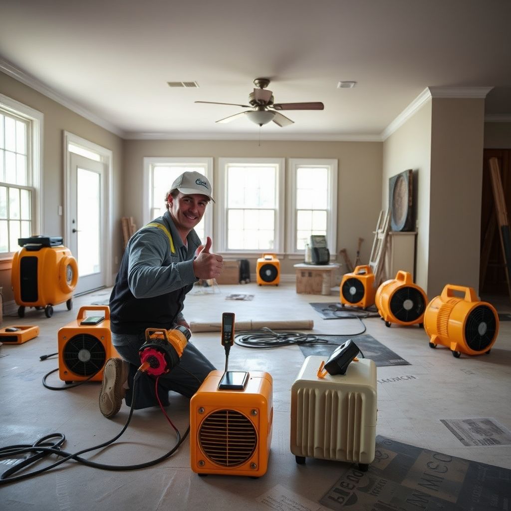 A restoration technician using a moisture meter to check for hidden water damage behind a baseboard in a Keysville home.